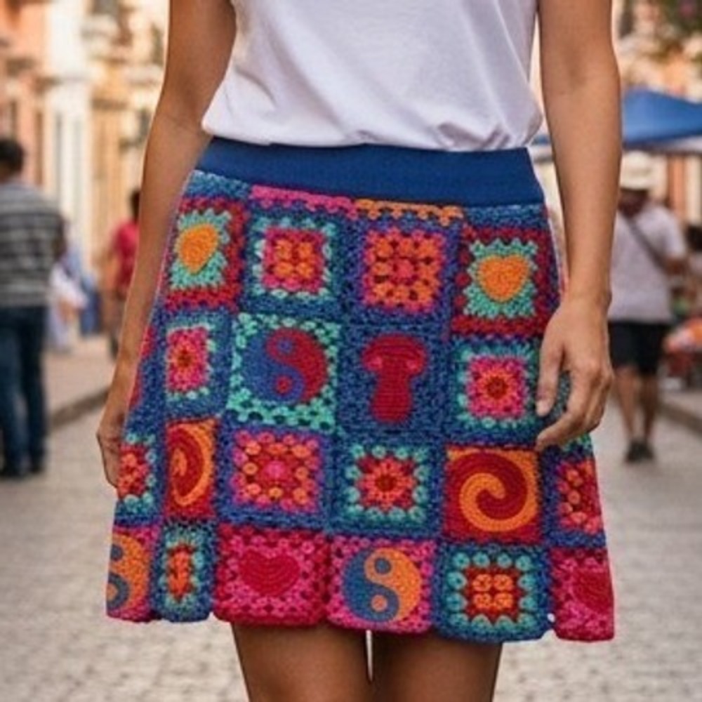Farm Rio Crochet Mini Skirt Womens XL Blue NWT Multi Granny Square Mushroom